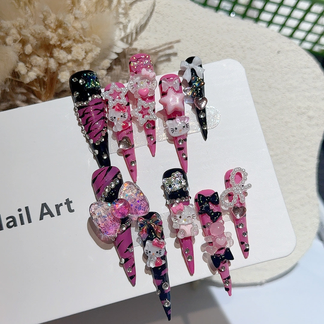 5.0 Extra Long Stiletto Hand-Painted Zebra Print KT Spice Girl Wearable Nails, Premium Personalized European-American Style, Handmade, Reusable