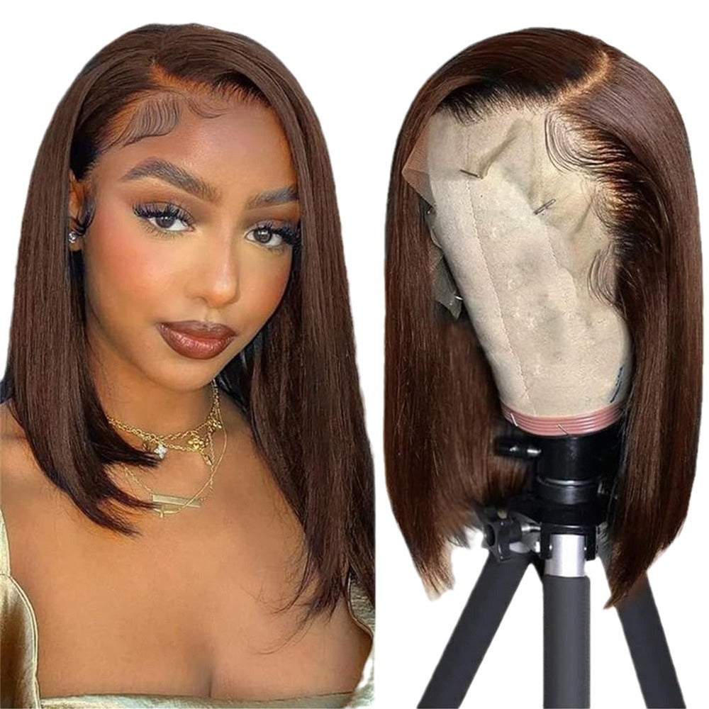 Hot chocolate-brown front lace-up real human hair wig 180 density