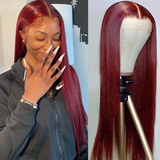 Burgundy Straight Human Hair Wigs99J straight bar head cover 13*4