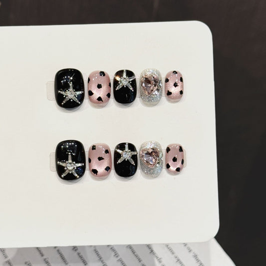 Black Pink Leopard Print Star Rhinestone Decor, Sweet & Cool Style Glitter Handmade Press On Nail Tips