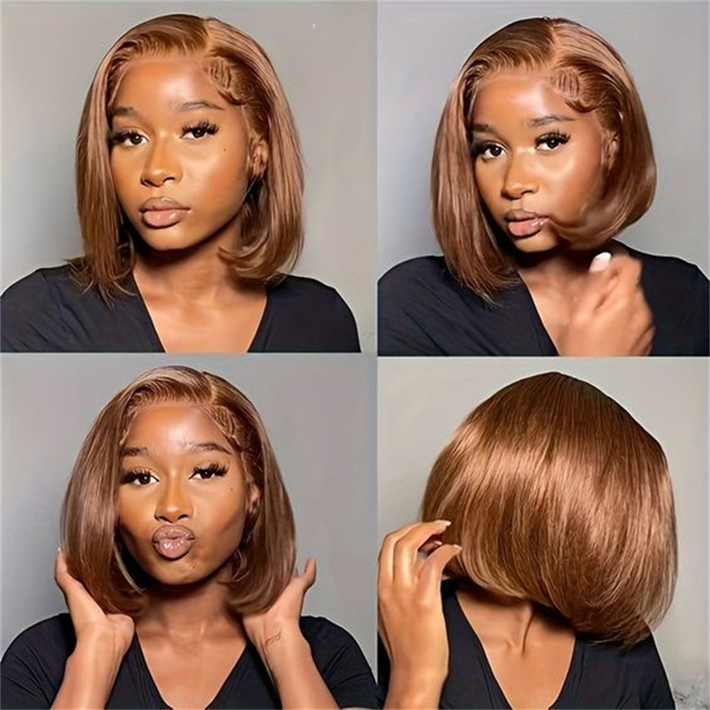 Hot chocolate-brown front lace-up real human hair wig 180 density