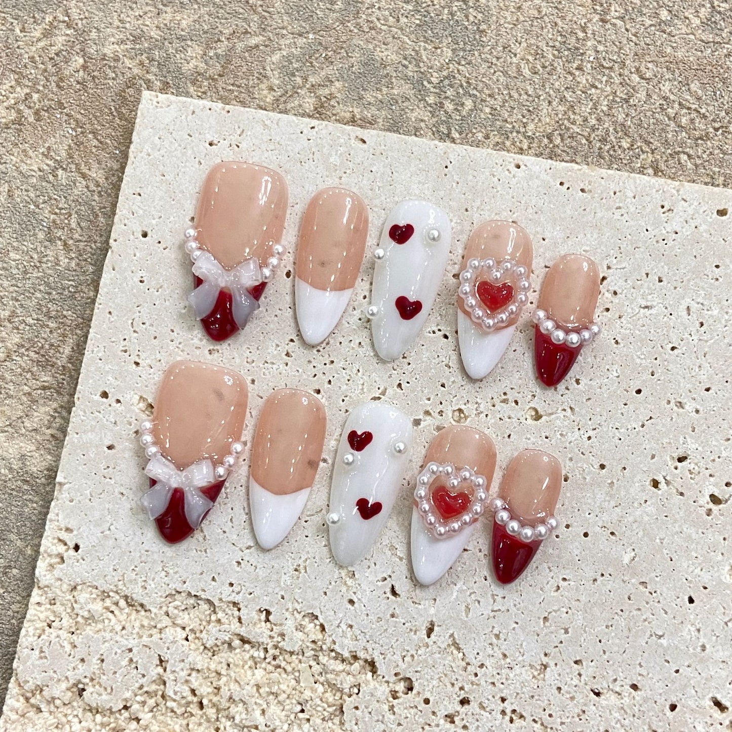 Handmade Wearable Nails, Ins Style French Bow Hand‑painted Premium Red Cat Eye, Flattering & Versatile for All Skin Tones