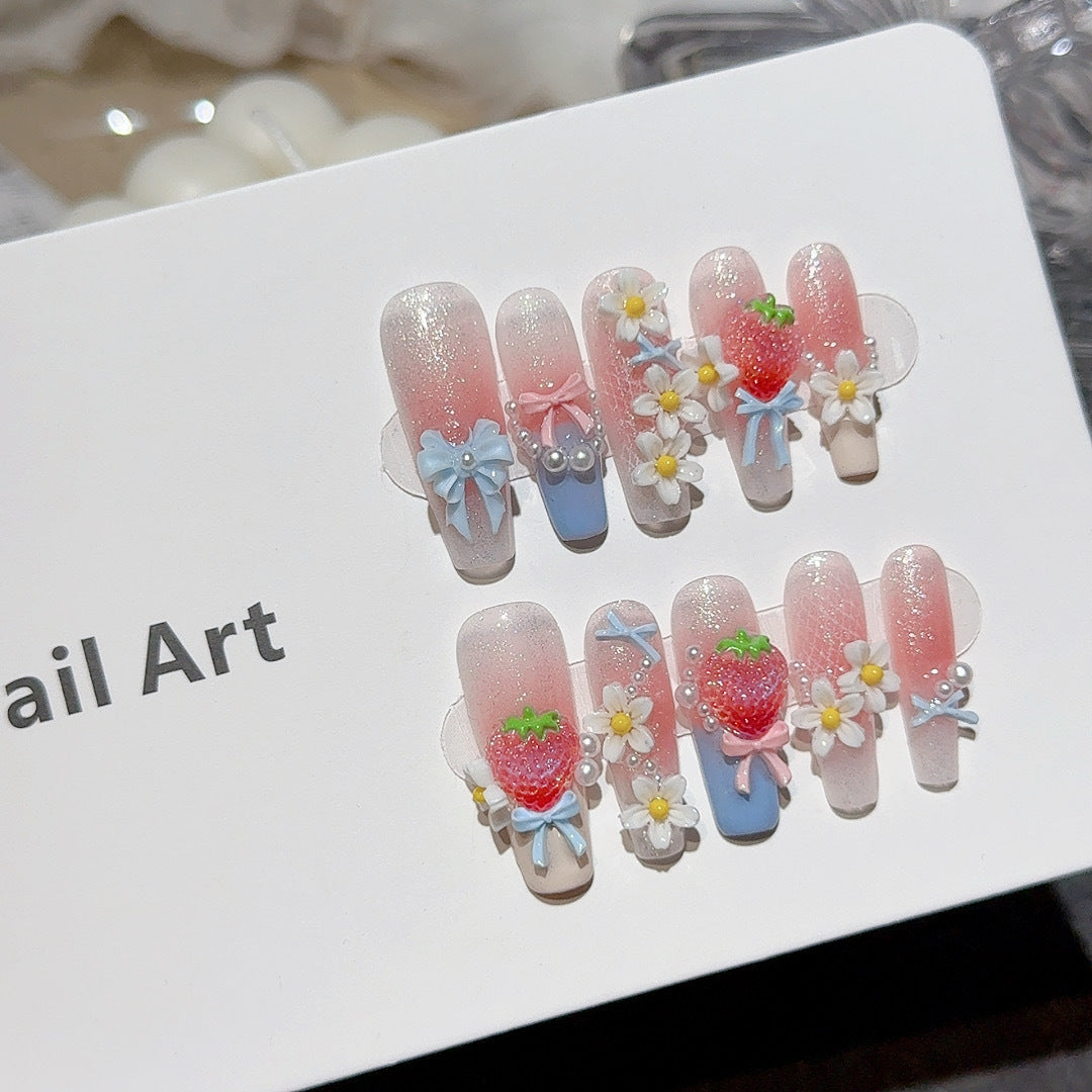 Strawberry Garden Shimmery Sweet Must-Have Handmade Press-On Nails, Summer Sweet Strawberry Design, Nail Tips