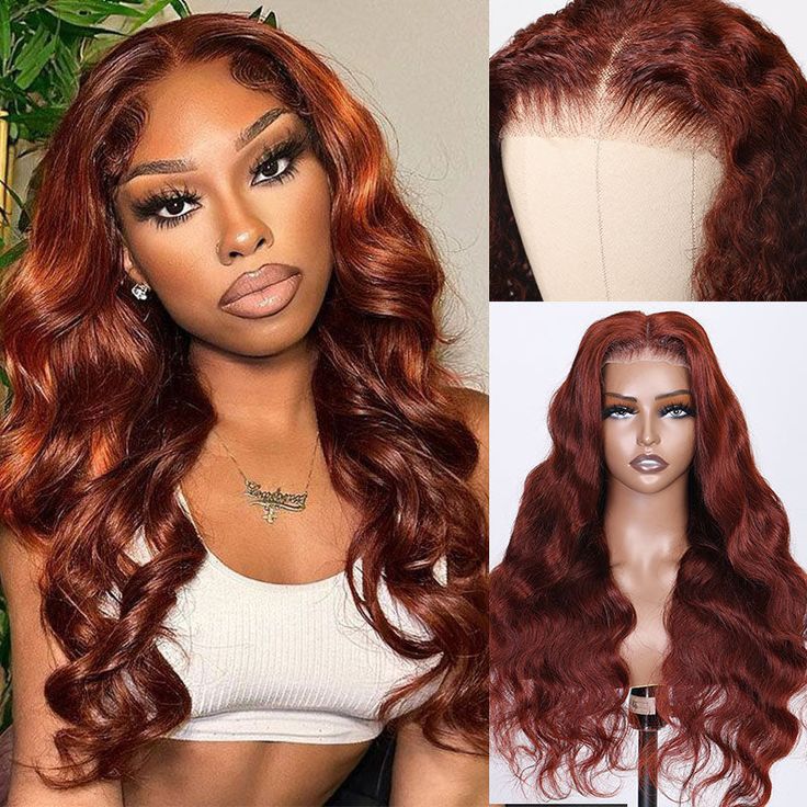 13*4HD transparent lace huamn hair wig Red brown body wave