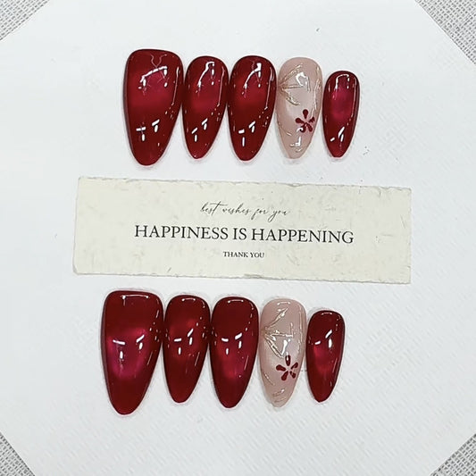 Handmade Wearable Nail Art, New Year Style - Blooming Flowers & Full Moon, 3D Hand-Painted Cat Eye Design, Pure & Elegant Nail Stickers