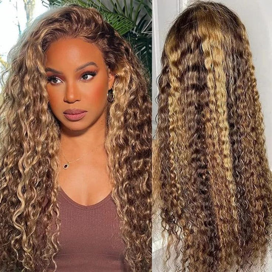 Real human hair 13*4 high-definition transparent lace water wave gradient piano color curly hair