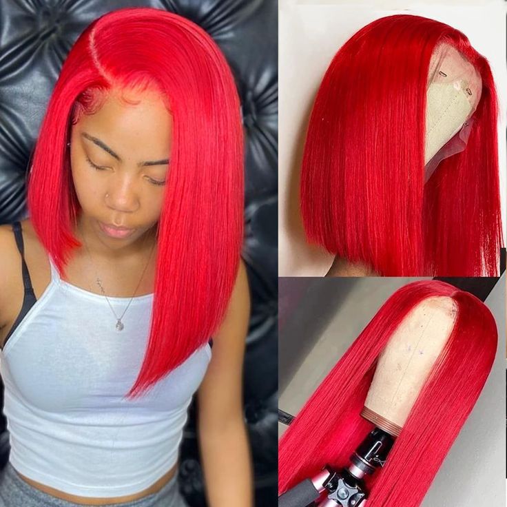 13*4 HD transparent lace red bright red wave bob short hair real human hair