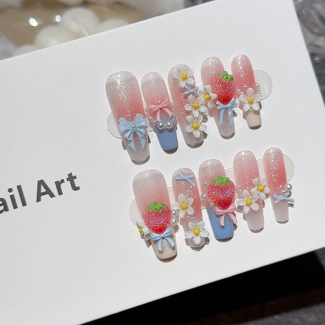 Strawberry Garden Shimmery Sweet Must-Have Handmade Press-On Nails, Summer Sweet Strawberry Design, Nail Tips