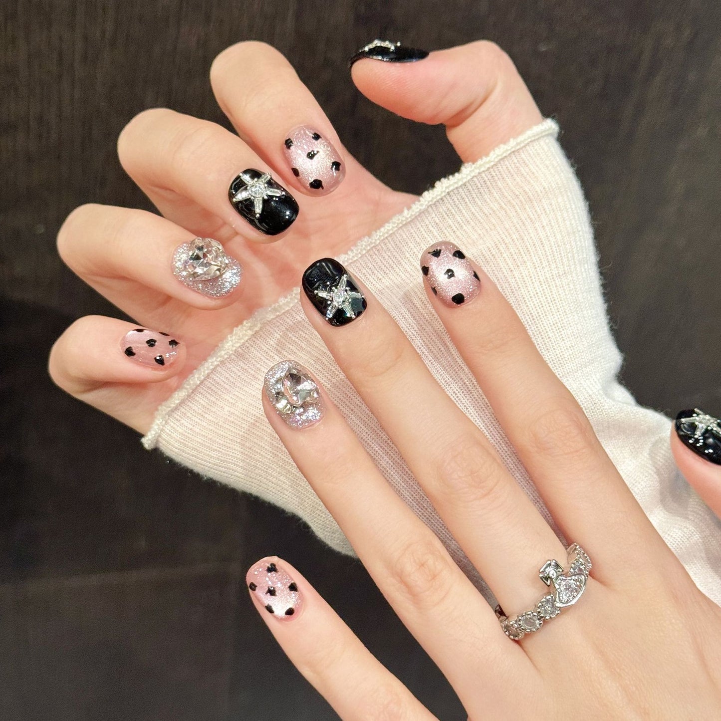 Black Pink Leopard Print Star Rhinestone Decor, Sweet & Cool Style Glitter Handmade Press On Nail Tips