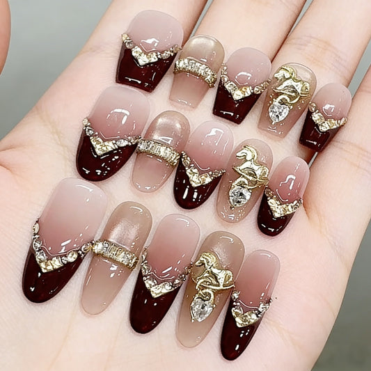 Handmade Wearable Nail Art, Lucky Horse Treading on Gold, Light Luxury Style, New Year Red, Skin-Flattering, French Cat Eye Nails