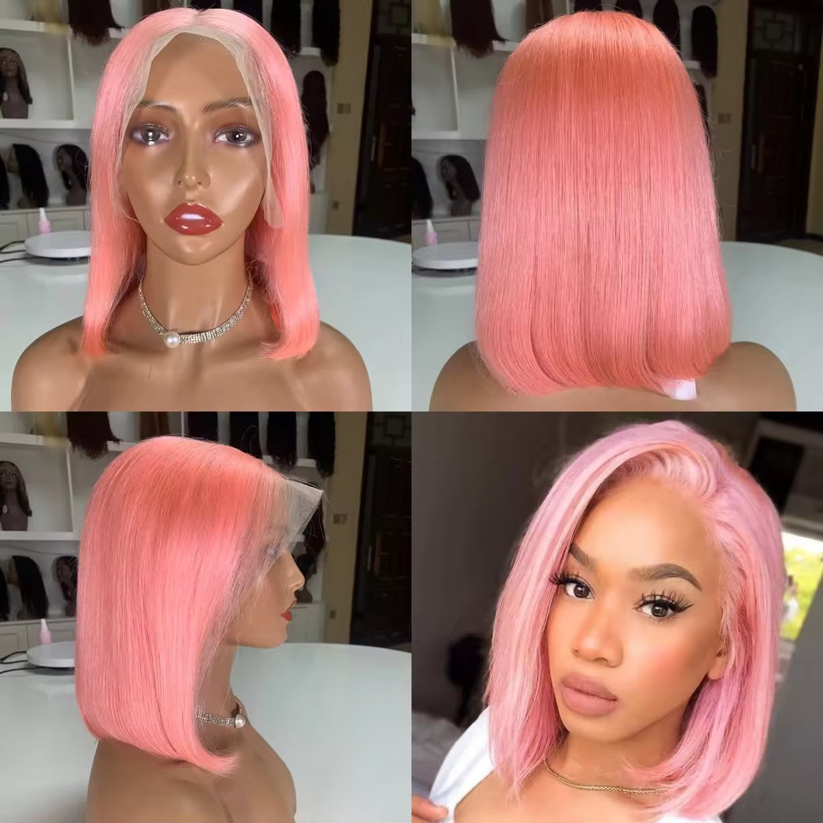 European and American real human hair Bob wigs pink 13x4 lace front