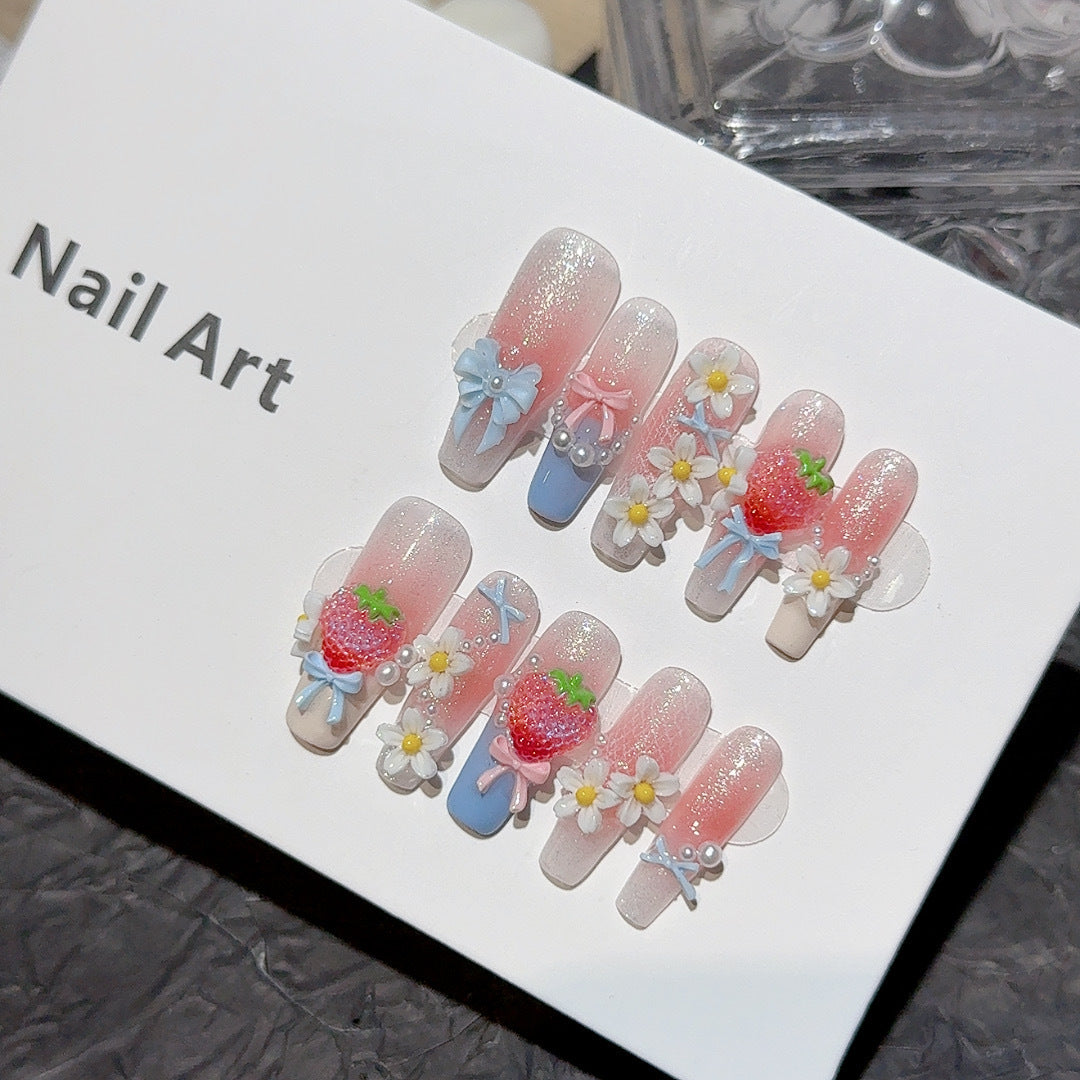 Strawberry Garden Shimmery Sweet Must-Have Handmade Press-On Nails, Summer Sweet Strawberry Design, Nail Tips