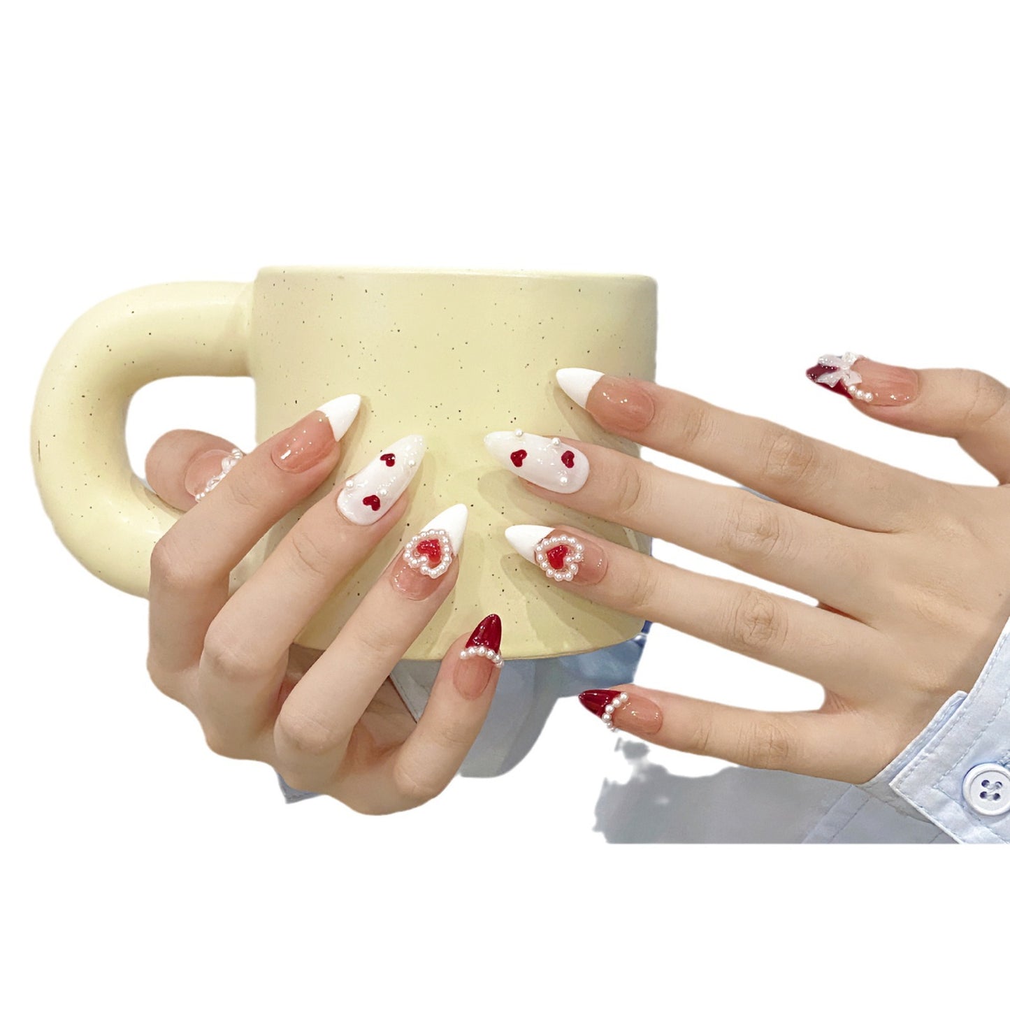 Handmade Wearable Nails, Ins Style French Bow Hand‑painted Premium Red Cat Eye, Flattering & Versatile for All Skin Tones