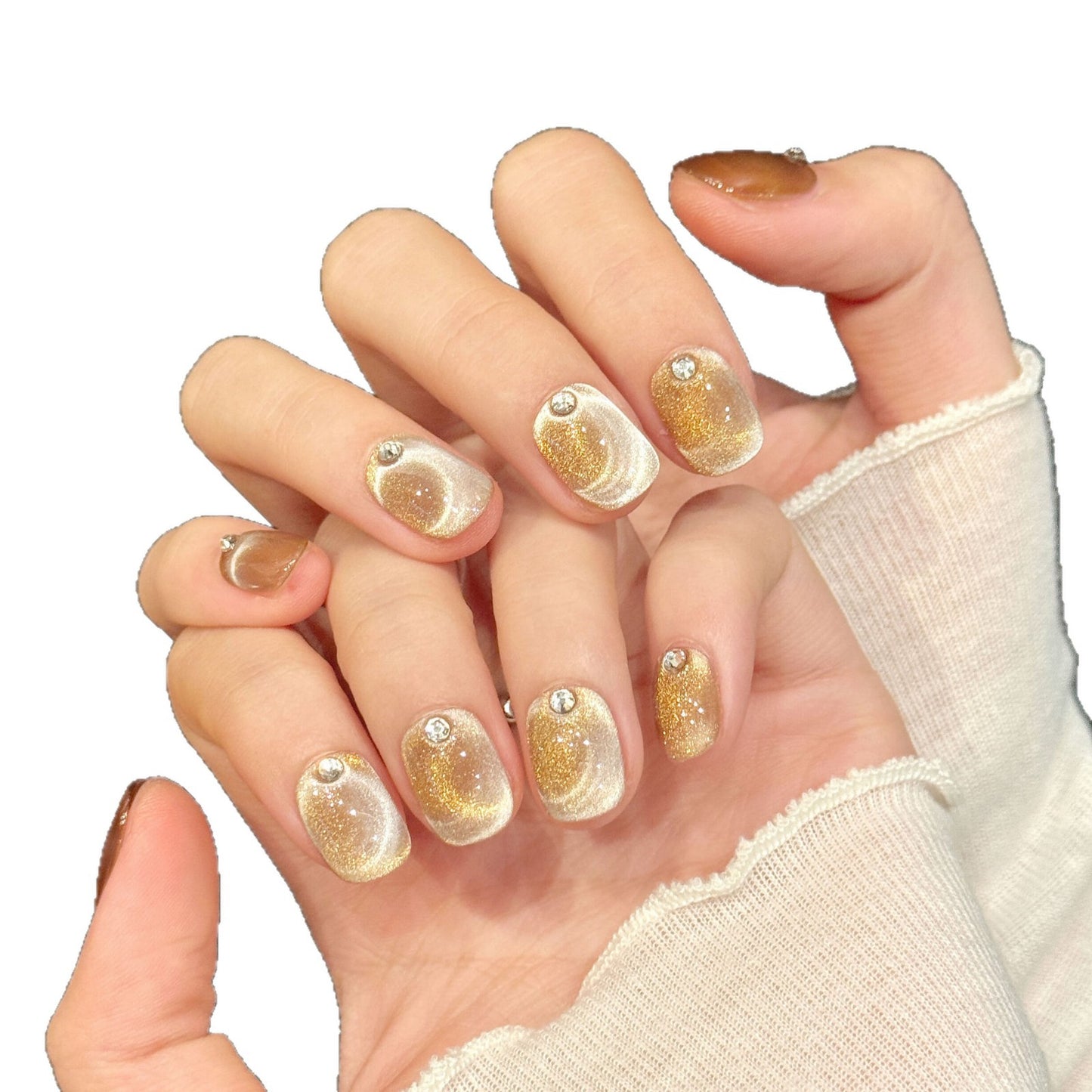 Handmade Cat Eye Glass Bead Press On Nails, Short Bean Shape Nail Tips