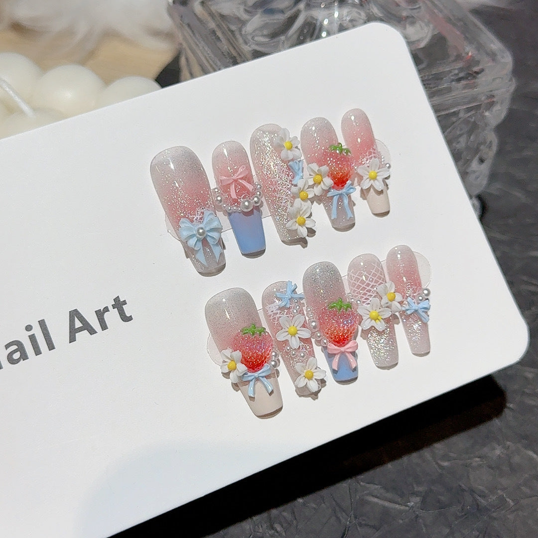 Strawberry Garden Shimmery Sweet Must-Have Handmade Press-On Nails, Summer Sweet Strawberry Design, Nail Tips