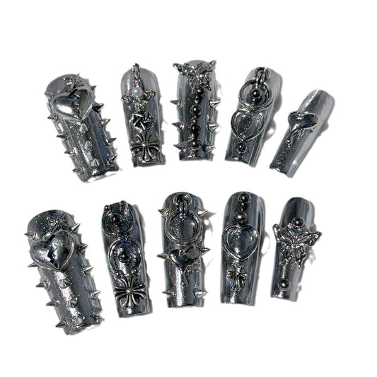 European and American Cross-border Square-tube Nail Art, Liquid Metal Rivet, Removable Press-on Nails, Handmade