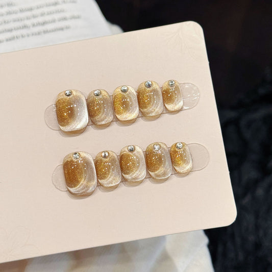 Handmade Cat Eye Glass Bead Press On Nails, Short Bean Shape Nail Tips