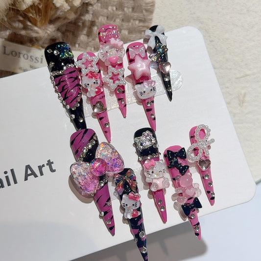 5.0 Extra Long Stiletto Hand-Painted Zebra Print KT Spice Girl Wearable Nails, Premium Personalized European-American Style, Handmade, Reusable