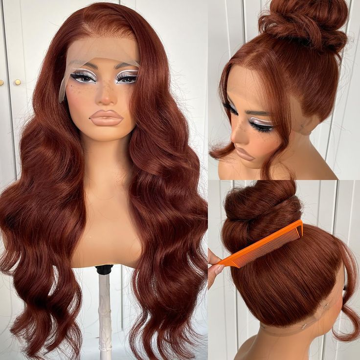 13*4HD transparent lace huamn hair wig Red brown body wave