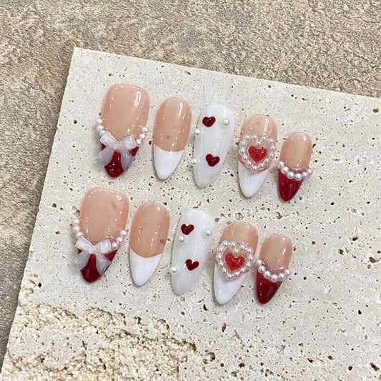 Handmade Wearable Nails, Ins Style French Bow Hand‑painted Premium Red Cat Eye, Flattering & Versatile for All Skin Tones