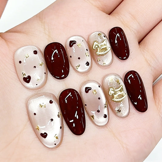 Handmade Wearable Nail Art, New Year Style - Golden Horse Fortune, Cat Eye Sparkle, Elegant & Luxurious