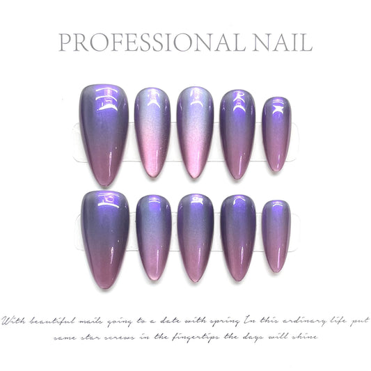 Handmade Dreamy Flowing Blue Cat Eye Press On Nails, Cool Girl Style Glitter Fake Nails, Skin Friendly Reusable Nail Tips